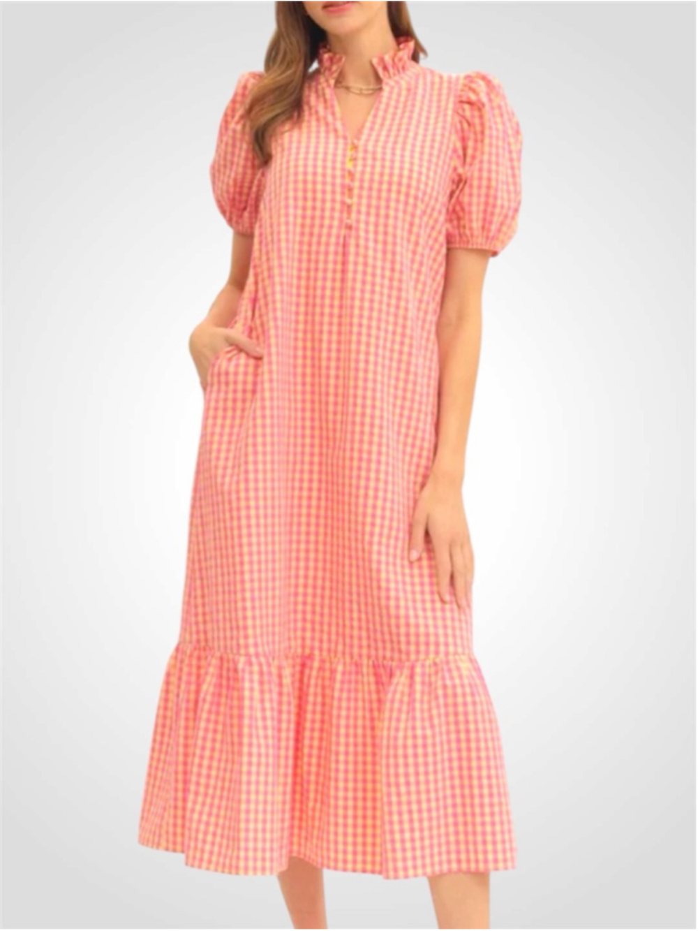Entro Gingham Midi Dress in Pink/Yellow Size S